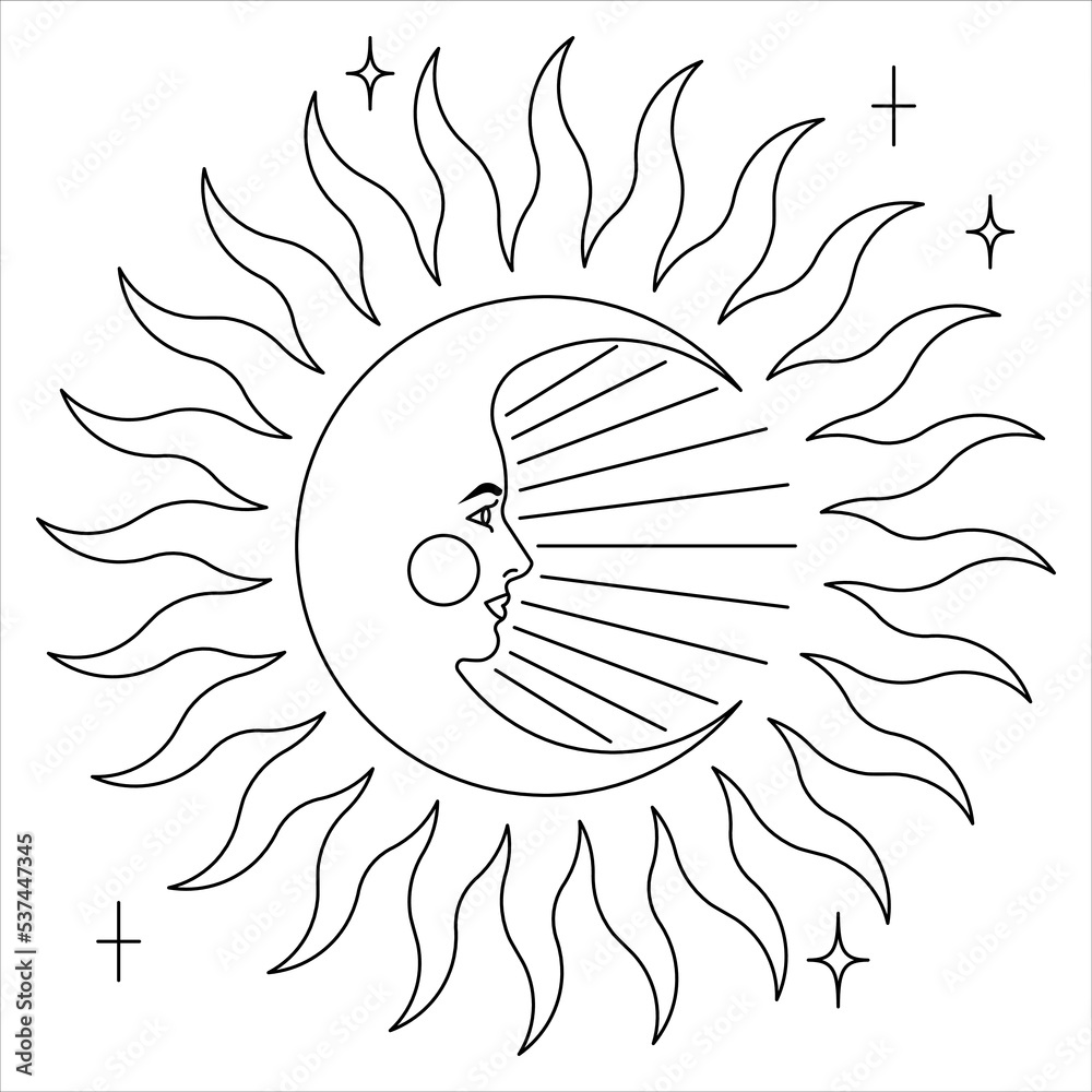 Beautiful sun and crescent moon with female face. Moon profile near ...