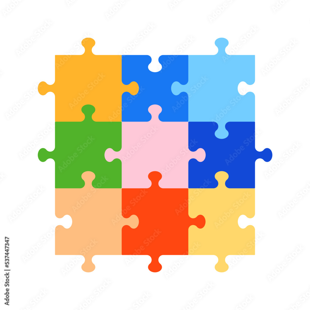 Nine pieces of puzzle. Colorful jigsaw on white background. Puzzles vibrant template. Children mosaic like teamwork concept. Vector illustration. Nine pieces of puzzle. Colorful jigsaw on white background. Puzzles vibrant template. Children mosaic like teamwork concept. Vector illustration.