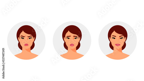 Different face expressions. beautiful girl with sad, happy and angry emotion. Vector illustration pretty woman avatar with different options of her face. Modern vector illustration.