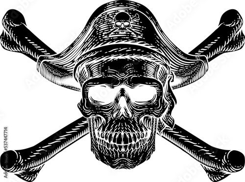 Pirate skull and crossbones skeleton grim reaper mascot in pirates captain hat. Original illustration in a vintage retro woodcut etching style.