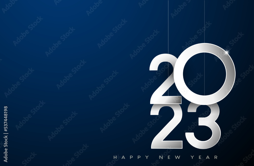 Happy New Year 2023 text design, for Brochure design template, card, banner greeting card. Vector illustration. Isolated on blue background.