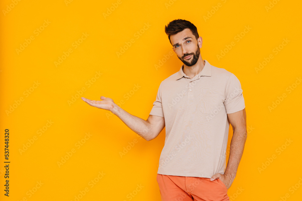 White brunette man with beard gesturing while looking at camera White brunette man with beard gesturing while looking at camera
