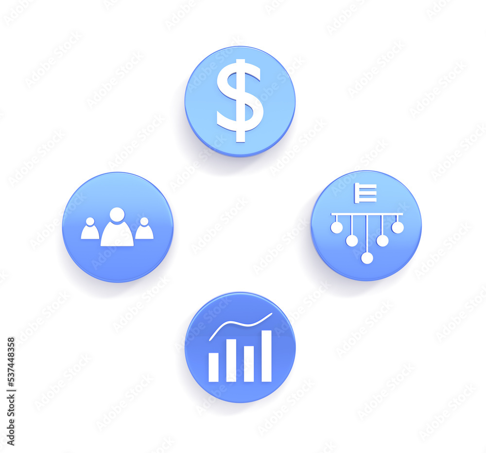 Office icons, 3d render set of blue round symbols with business people team, graph or column chart, dollar money, enterprise resource planning isolated on white background Office icons, 3d render set of blue round symbols with business people team, graph or column chart, dollar money, enterprise resource planning isolated on white background