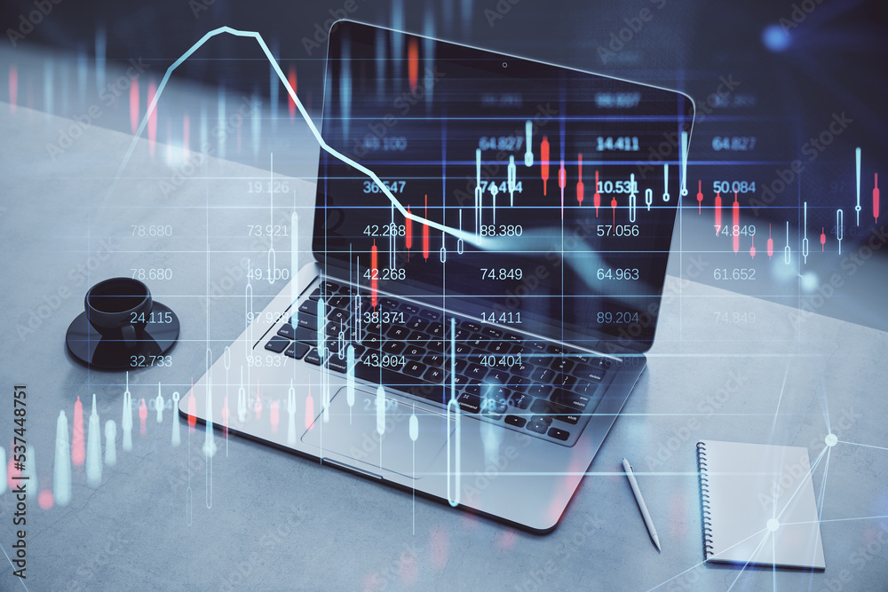 Close up of desktop with coffee cup, notepad and laptop, glowing candlestick forex chart and map hologram on blurry background. Stock, investment, market and money concept. Double exposure. Close up of desktop with coffee cup, notepad and laptop, glowing candlestick forex chart and map hologram on blurry background. Stock, investment, market and money concept. Double exposure.