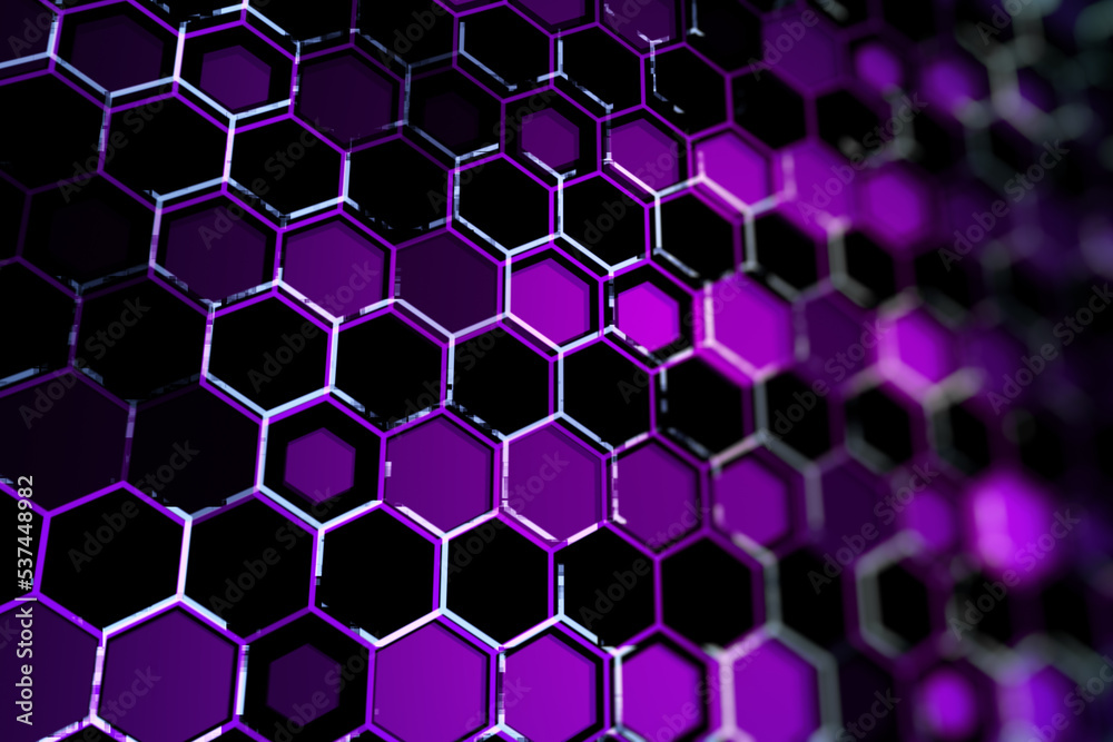 Creative purple hexagonal backdrop. Technology, design and landing page concept. 3D Rendering. - obrazy, fototapety, plakaty 