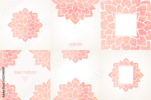 Set of templates or backgrounds, frames with watercolor floral pattern, pink lotus flower mandala