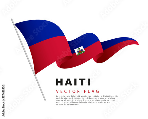 The flag of Haiti hangs on a flagpole and flutters in the wind. Vector illustration isolated on white background.