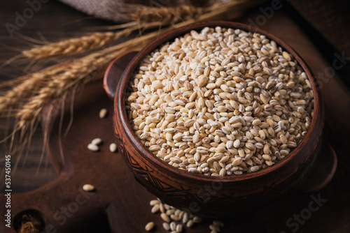 Bowl of dry raw broken pearl barley cereal grain on dark wooden background. Cooking pearl barley porridge concept.