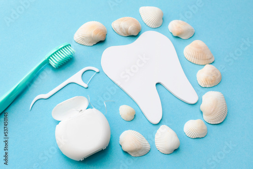 Tooth model with caries, toothbrush, dental floss and seashells. Blue background. Flat lay. Top view. Benefits of minerals for dental hygiene. Oral care.