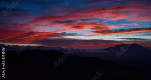 Sunset over Tongariro National Park from Kaimanawa Forest Park, New Zealand photo