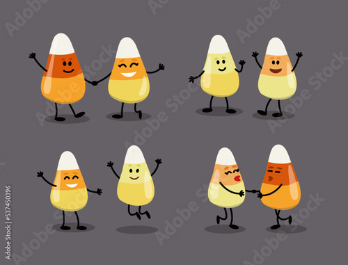 Set of Candy Corn characters. Funny merry dancing Halloween candies, sweets. Flat, cartoon, vector