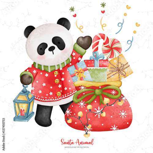 Cute Panda in Santa costume, Watercolor Christmas season illustration, Christmas animal illustration..