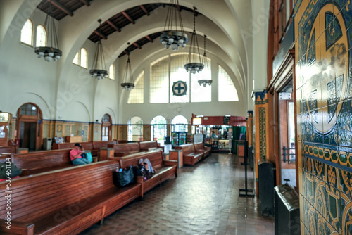 Famous San Diego sightseeing city skyline landmark Depot train station in Art Deco and spanish Colonial architecture style breathtaking interiors and palm tree courtyard gardens with columns archway