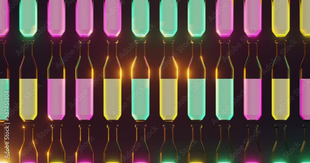 Colorful animation flashing bottles with neon lights. High quality 4k footage Colorful animation flashing bottles with neon lights. High quality 4k footage