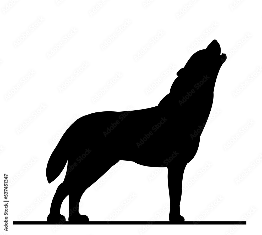 Wolf howls. Silhouette picture. Wild animal in nature. Predator in natural conditions. Isolated on white background. Vector.