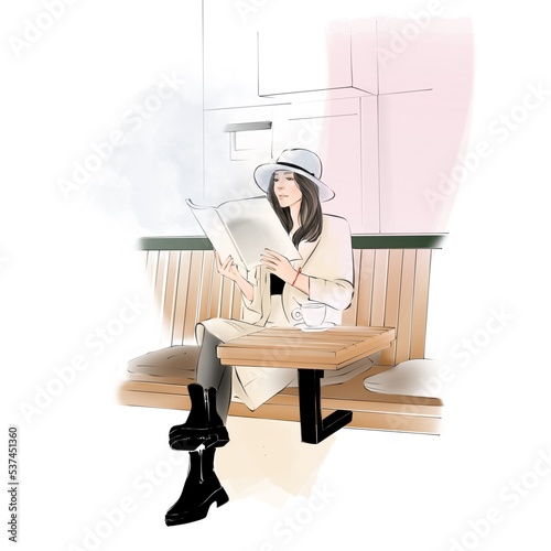 Beautiful young girl wearing hat and boots, sitting in a cafe reading book looking trendy