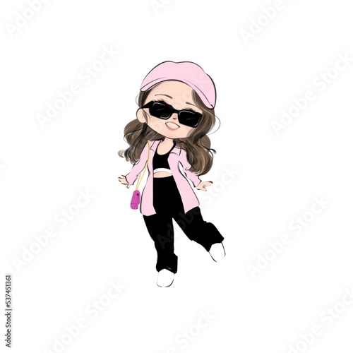 Illustration of a cute little girl in chibi style wearing pink cap and oversized shirt