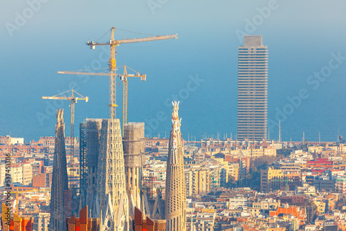 Barcelona city panorama . Magnificent view of Barcelona cityscape and cathedral 