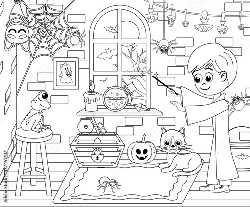 Obraz na plátně Wizard is conjuring frog coloring page