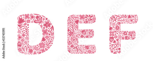 Floral letters D, E, F. Font of pink flowers. Alphabet. Doodle. Vector
