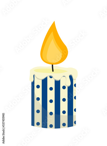 Burning candle. Striped candle. Cartoon, flat, vector
