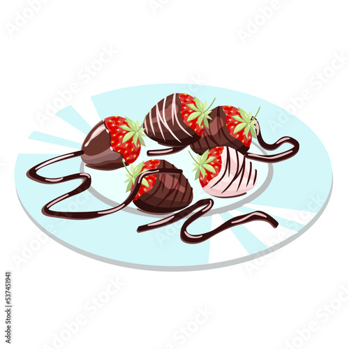 Chocolate-covered strawberries on a plate, isolated on a white background.Vector composition of fruit dessert for restaurant menus, bakeries, postcards.