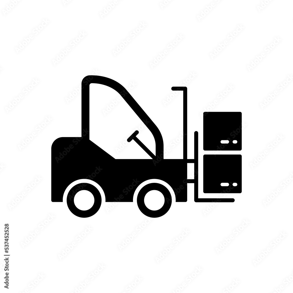 Fork Lift Inventory on Warehouse Silhouette Icon. Heavy Loader Cargo Machine Glyph Pictogram. Forklift Truck Loader Icon. Delivery Service Vehicle Transport Equipment. Isolated Vector Illustration