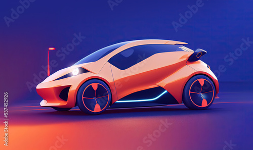 concept generic electric small car design in orange color and electric futuristic style with copy space  mixed digital 3d illustration and matte painting.