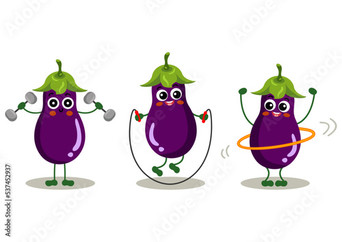 Set of cute eggplant mascot make gym

