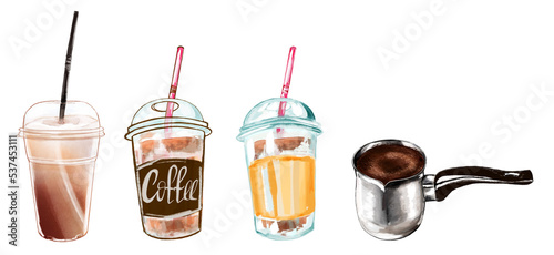 Cold coffee and cezve coffee. Hand drawn illlustraton. photo