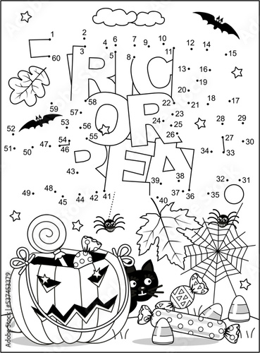 Halloween "Trick or treat!" greeting dot-to-dot picture puzzle and coloring page, poster, sign or banner black and white activity sheet 
