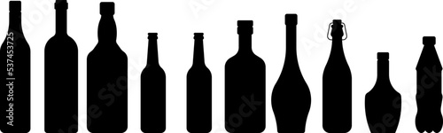 Set of bottles with alcohol. Black silhouette of a vessel for various types of drinks. Wine, beer, rum, whiskey, liquor, cognac. Black illustration on white background.