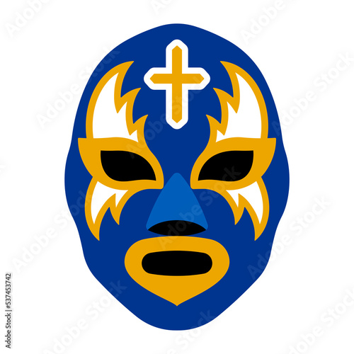 Luchador mask. Blue and yellow face mask of Mexican wrestling - lucha libre. Vector illustration for poster, banner, stencil, decoration.