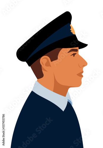 Man in marine cup. Ships officer in black naval captain hat. Portrait adult man with brobeard, side view. Navy peaked cap, admiral, sailor. Modern vector illustration for poster, cover, design