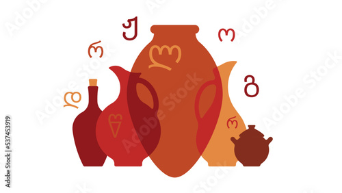 Georgian pottery with alphabet letters. Old ceramic vase, jar, wine amphora qvevri. Georgian scripts, Mkhedruli language. Traditional georgian clay pots, jugs and Kvevri vessel. Isolated vector.