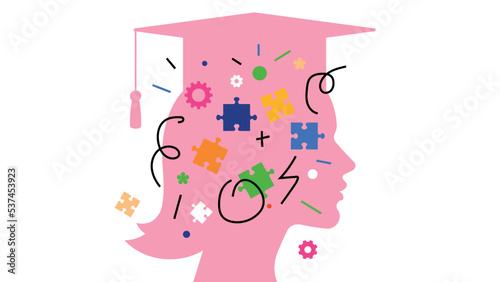 Education concept and graduate mental health. Female student with colorful elements inside his head. Vibrant puzzle, gears, scribbles. Modern abstract illustration for cover, poster, banner.