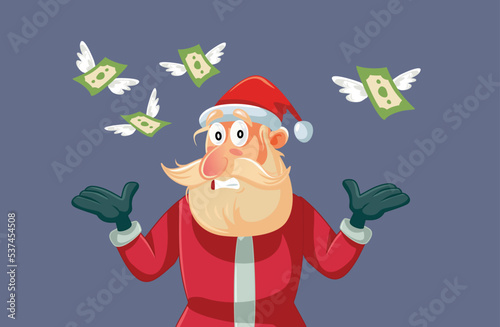 Poor Santa Claus Looking at Money Flying Vector Cartoon Illustration. Unhappy man wearing Santa costume losing all his finances 
