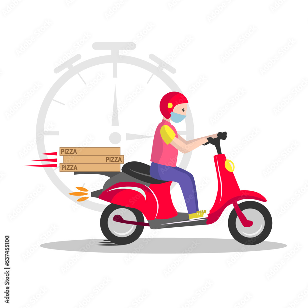 Online delivery service pizza , online order tracking, delivery home and office. Scooter delivery. Shipping. Man on the bike. Vector illustration