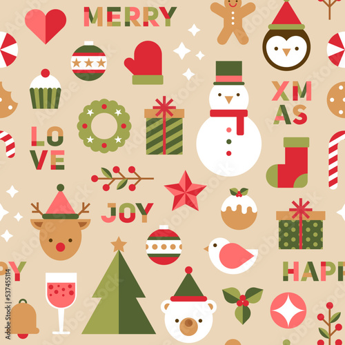 Cute geometric elements and typography design seamless pattern for christmas and new year celebration.