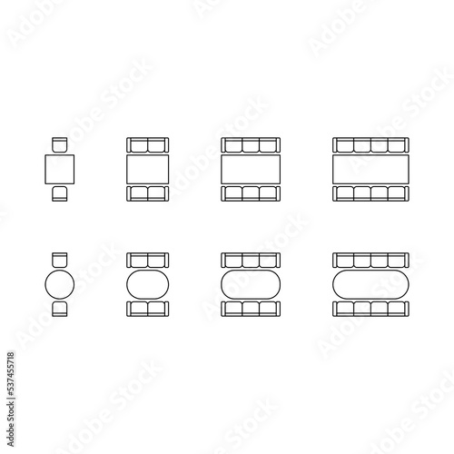 Set of plan for arranging seats chair, sofa and tables in interior, layout graphic outline elements. Chairs and tables icons in scheme architectural plan. Office and home furniture, top view. Vector
