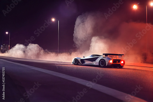 Sport car drifting with lots of smoke from burning tires on speed track at night  mixed digital illustration and matte painting
