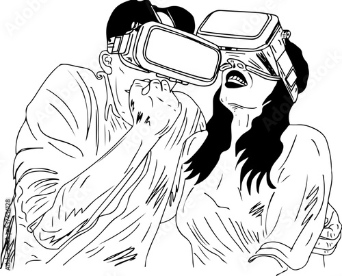 couple watching movie in virtual reality device stock image, wife excited husband wife teasing VR glasses, sketch drawing, vector illustration of Young couple in vr glasses enjoying of watching movie 