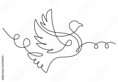 Pigeon symbol of peace. One continuous single line of bird isolated on white background. Dove flying birds vector illustration minimalist.