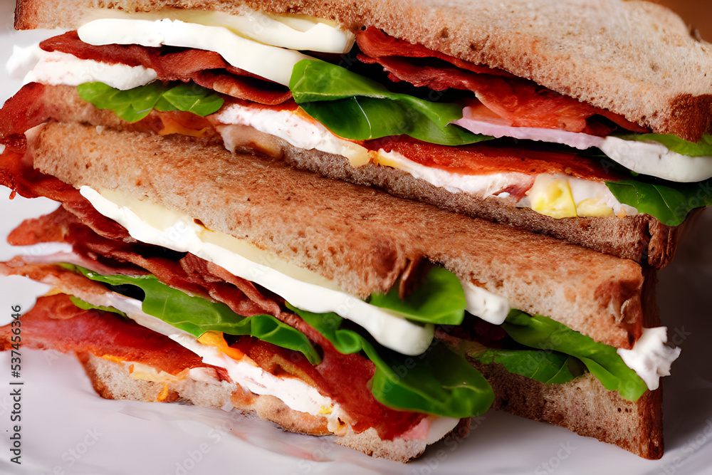 Obraz premium blt sandwich; a tasty breakfast, lunch, or snack; with meat and vegetables