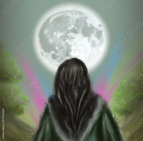 girl in woods looking at the moon