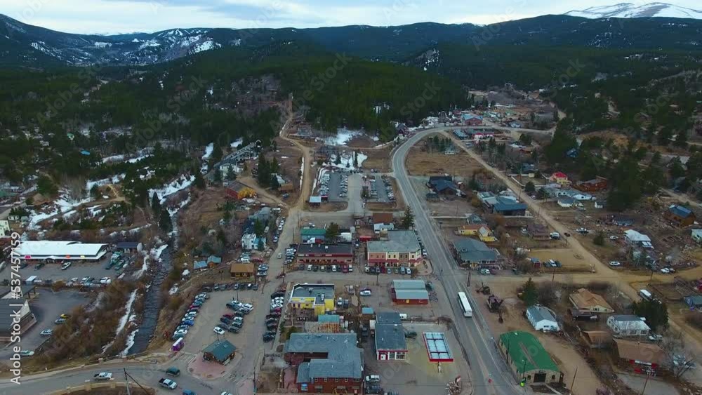 Drone footage of Nederland Colorado. Frozen Dead Guy Days Festival as the town begins to fill with people