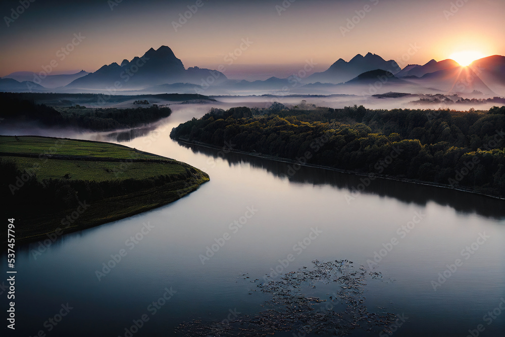 Aerial view of river with green forest with mountains in the background, early morning, dusk