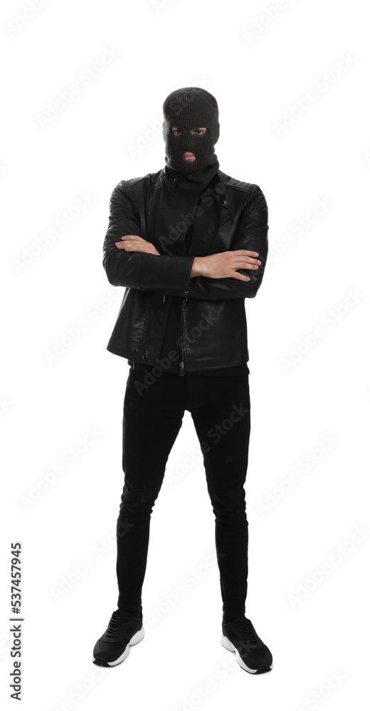 Man wearing knitted balaclava on white background Man wearing knitted balaclava on white background