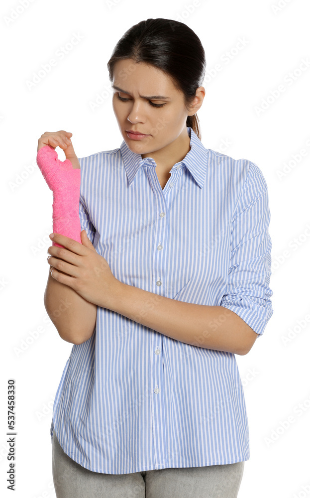 Young woman with hand wrapped in medical bandage on white background Young woman with hand wrapped in medical bandage on white background