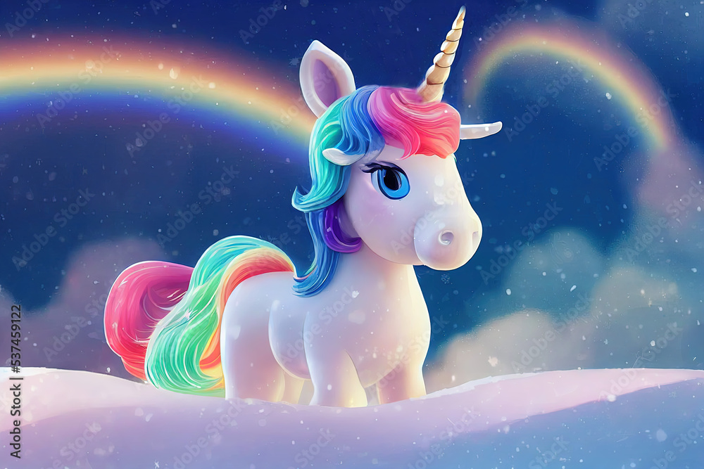 Rainbow Baby Unicorn. Adorable Cute Animal Characters. Fantasy Backdrop